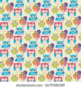 A delightful repeating pattern featuring a variety of adorable, brightly colored cartoon owls, perfect for adding a playful touch to any project.