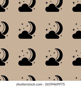 A delightful repeating pattern featuring whimsical clouds and crescent moons against a soft beige background. This charming design evokes a sense of calm and imagination, making it perfect.