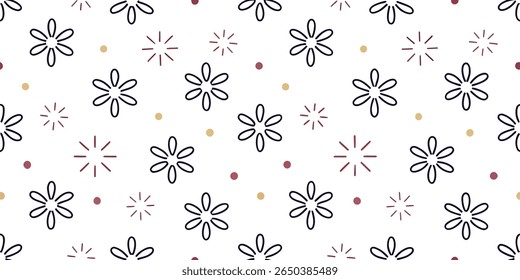 A delightful repeating pattern on a white background showcases stylized dark blue flowers, small burgundy and gold dots, and minimalist burgundy starbursts.