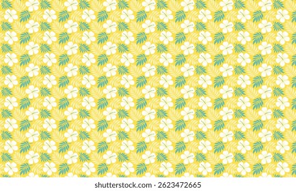 Delightful repeating pattern of tropical flowers and leaves on a yellow background.