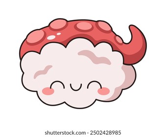 Delightful sashimi with octopus on top flat color vector drawing. Playful design of seafood character with closed eyes icon on white background