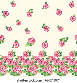 Delightful seamless border with cute petunias. Liberty order. Country style millefleurs. Floral background for home textiles, interiors, linens.