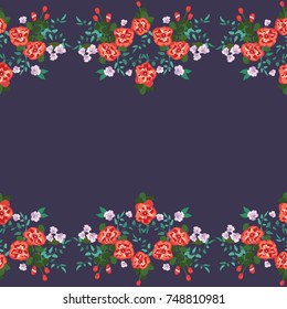 Delightful seamless border with small flowers of cute petunias. Regular order. Country style millefleurs. Floral background for home textiles, interiors, linens.