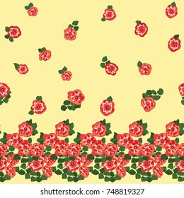 Delightful seamless border with small flowers of cute petunias. Regular order. Country style millefleurs. Floral background for home textiles, interiors, linens.