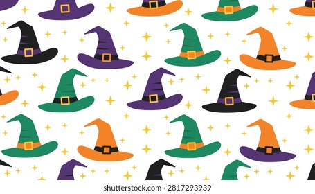 Delightful seamless Halloween pattern featuring colorful witch hats and sparkling stars on a white background.