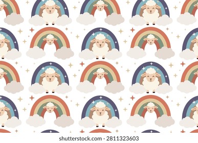 Delightful seamless nursery pattern of fluffy white sheep standing under soft rainbow arches on a starry white background.