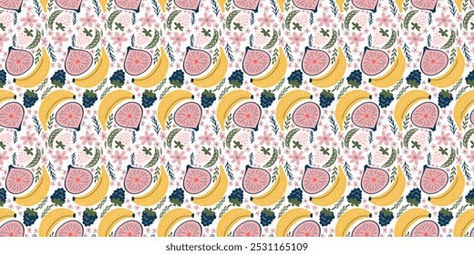Delightful seamless pattern with bananas, figs, blackberries, white strawberries, pink flowers, and green leaves. Created in a modern, organic vector style with flat colors and a playful, whimsical