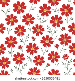 A delightful seamless pattern of bright red cosmos flowers with green stems on a white background, ideal for textiles, wallpapers, and digital designs