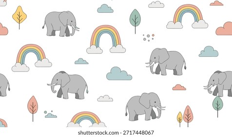 Delightful seamless pattern for children featuring gray elephants rainbows clouds and stylized trees on a white background.