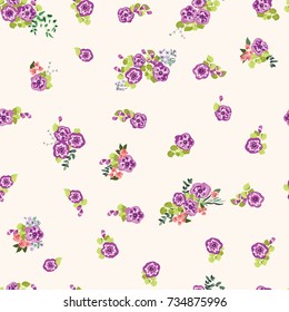 Delightful seamless pattern with cute petunias. Liberty order. Country style mellefleurs. Floral backfround for home textiles, interiors, linens.