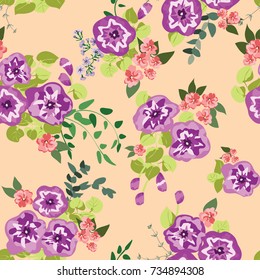 Delightful seamless pattern with cute petunias. Liberty order. Country style millefleurs. Floral background for home textiles, interiors, linens.