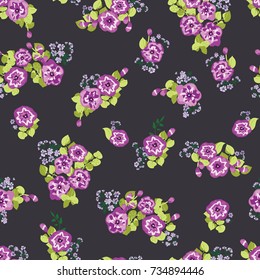 Delightful seamless pattern with cute petunias. Liberty order. Country style millefleurs. Floral background for home textiles, interiors, linens.