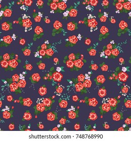 Delightful seamless pattern with cute petunias. Liberty order. Country style millefleurs. Floral background for home textiles, interiors, linens.