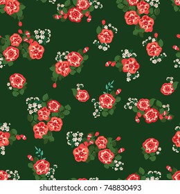 Delightful seamless pattern with cute petunias. Liberty order. Country style millefleurs. Floral background for home textiles, interiors, linens.