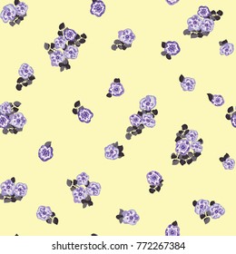 Delightful seamless pattern with cute petunias. Liberty order. Country style millefleurs. Floral background for home textiles, interiors, linens.