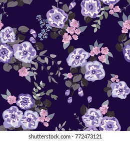 Delightful seamless pattern with cute petunias. Liberty order. Country style millefleurs. Floral background for home textiles, interiors, linens.