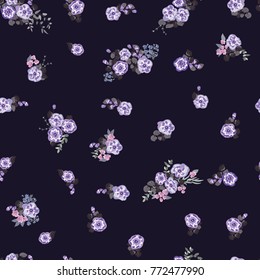 Delightful seamless pattern with cute petunias. Liberty order. Country style millefleurs. Floral background for home textiles, interiors, linens.