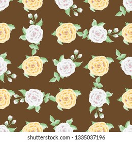 Delightful seamless pattern with cute roses. Country style millefleurs. Floral background for home textiles, interiors, linens.