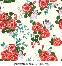 Delightful seamless pattern with cute simple flowers of petunias. Liberty order. Country style millefleurs. Floral background for home textiles, interiors, linens.