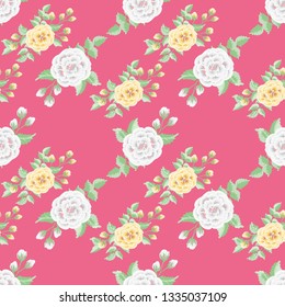Delightful seamless pattern with cute white and yellow roses. Regular order. Country style millefleurs. Floral background for home textiles, interiors, linens.