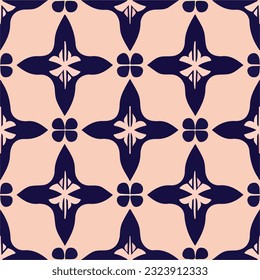 Delightful seamless pattern design consisting of blue and pink elements on soft pink background, reminiscent of patterned tilework, perfect for adding charm and character to any space.