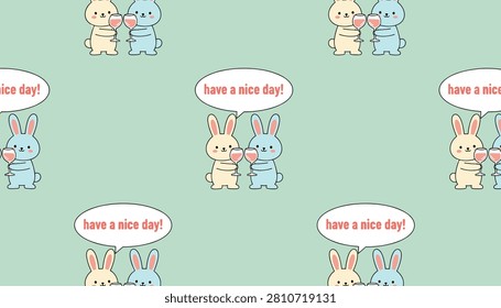 Delightful seamless pattern displays pairs of cute rabbits holding wine glasses next to a Have a nice day speech bubble.