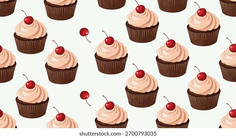 Um delicioso padrão sem costura apresenta uma variedade de cupcakes de chocolate com cobertura cremosa e cerejas vermelhas brilhantes, perfeitas para doces e celebrações.