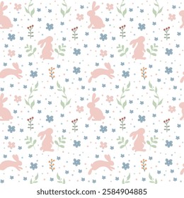 A delightful seamless pattern features pink  bunnies, decorated Easter eggs, and blue flowers on a white background, perfect for spring celebrations or Easter decorations.