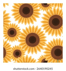 A delightful seamless pattern features stylized sunflowers with golden yellow petals and brown centers, set against a clean white background. Perfect for adding a touch of summer.