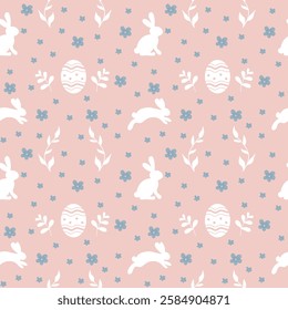 A delightful seamless pattern features white bunnies, decorated Easter eggs, and blue flowers on a soft pink background, perfect for spring celebrations or Easter decorations.