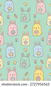 Un encantador patrón sin fisuras con adorables conejitos de Pascua de color pastel que sostienen huevos decorados, rodeados de pequeños polluelos y zanahorias sobre un fondo verde claro.