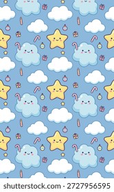 Un encantador patrón sin fisuras con adorables estrellas de dibujos animados y nubes mullidas sobre un fondo azul claro, perfecto para los diseños de los niños.