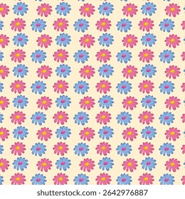 A delightful seamless pattern featuring alternating pink and blue daisy-like flowers on a soft cream background, perfect for cheerful designs
