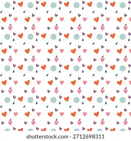 A delightful seamless pattern featuring charming hearts in various colors and soft blue dots, perfect for Valentine's Day, love-themed designs, and romantic occasions. Adds a touch of sweetness.