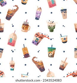 Delightful Seamless Pattern Featuring Colorful Bubble Tea Cups, Pearls, Splashes And Fun Toppings, Vector Illustration