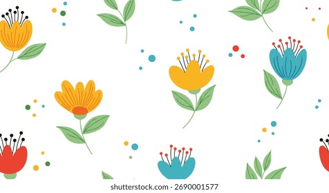 Um delicioso padrão perfeito com flores coloridas florescentes e pontos dispersos.