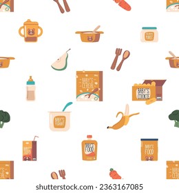 Delightful Seamless Pattern Featuring Cute Baby Foods From Milk Bottles And Spoons To Colorful Puree Jars or Juice