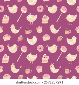 Delightful seamless pattern featuring cute birds, cupcakes, strawberries and coffee cups