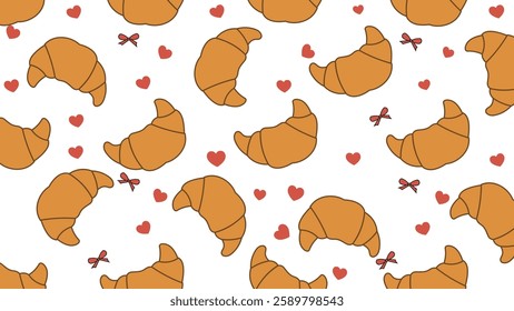 A delightful seamless pattern featuring golden brown croissants scattered with red hearts and tiny ribbon bows, perfect for bakery packaging, food-themed designs, textile prints, and wallpaper