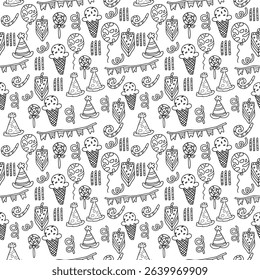 A delightful seamless pattern featuring hand-drawn doodles of birthday celebration items like balloons, cakes, and party hats, perfect for festive and cheerful designs or backgrounds.