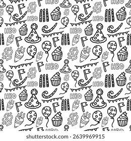 A delightful seamless pattern featuring hand-drawn doodles of birthday celebration items like balloons, cakes, and party hats, perfect for festive and cheerful designs or backgrounds.