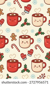 Un delicioso patrón sin fisuras con tazas de cacao al estilo kawaii, hombres de pan de jengibre, bastones de caramelo y bayas de acebo, perfecto para diseños festivos.