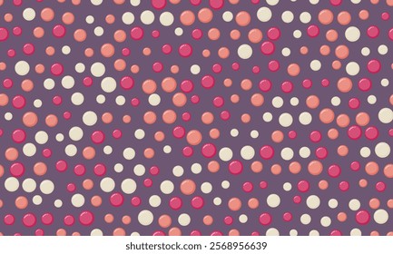 Delightful seamless pattern featuring pastel pink, coral, and cream circles on a muted purple background.  Ideal for textile prints, website backgrounds, or playful branding.