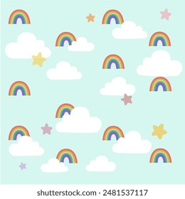 Delightful seamless pattern featuring rainbows, fluffy clouds, and stars on a light blue background. Perfect for baby products, nursery decor, and children’s textiles.