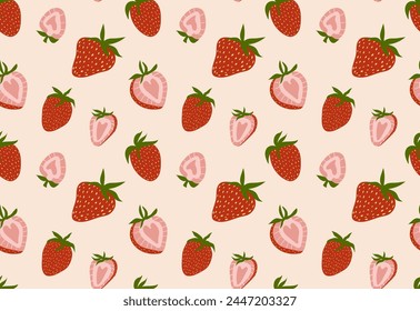 Delicioso patrón sin costuras con fresas maduras y mitades cortadas en un fondo cremoso, perfecto para la decoración de la cocina y diseños con temas gastronómicos