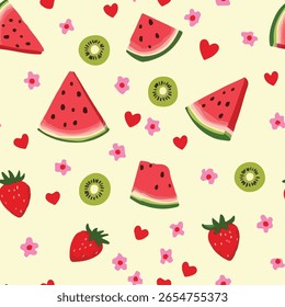 A delightful seamless pattern featuring sliced watermelon, kiwi, strawberries, hearts, and small flowers on a light background. Ideal for summery, playful, and food-related designs.