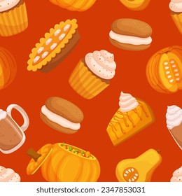 El Luminoso Patrón De La Seamless Presenta Una Variedad De Comidas De Calabaza, Perfecto Para Decoraciones, Artesanías Y Textiles De Otoño. Sopa, Pie, Cóctel y Piedra Tile. Ilustración del vector de dibujos animados