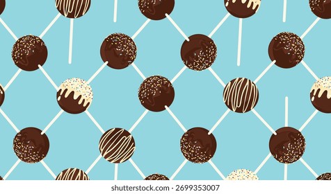 Um delicioso padrão sem emenda com vários chocolates de bolo de chocolate adornados com polvilhos e garoques em um fundo azul vibrante.