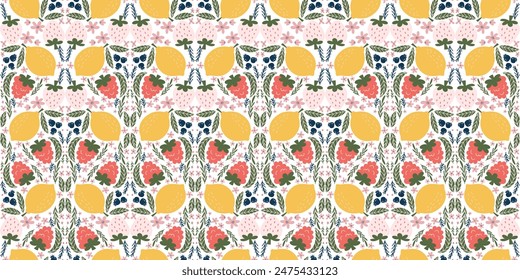 Delightful seamless pattern with illustrations of white strawberries, raspberries, lemons, blackberries, pink flowers, and green leaves, arranged in a charming diamond-shaped motif