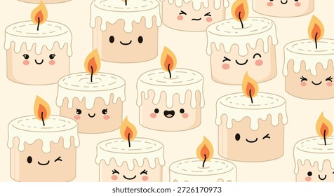 Encantador patrón sin fisuras de muchas pequeñas velas lindas con caras felices y cera derretida en colores pastel cálidos para un tema festivo.